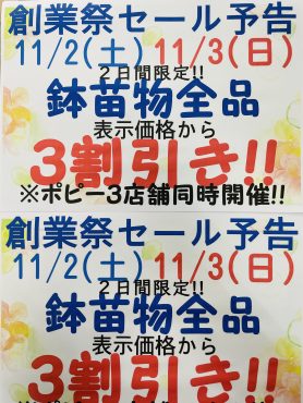 創業祭開催中11/2(土)・11/3（日）｜「ポピー」　（京都府八幡市の花キューピット加盟店 花屋）のブログ