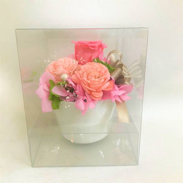 ピンクバラのプリザーブドフラワー白陶器　クリアケース付き