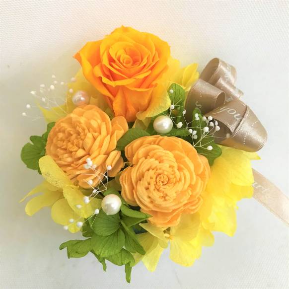 オレンジバラのプリザーブドフラワー白陶器　クリアケース付き