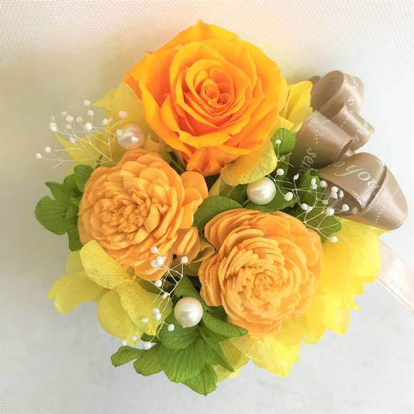 オレンジバラのプリザーブドフラワー白陶器　クリアケース付き